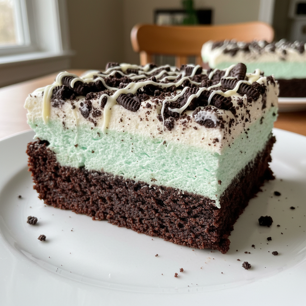 A stack of rich Triple Layer Fudgy Mint Oreo Brownies with a vibrant green mint cream and crushed Oreos on top.