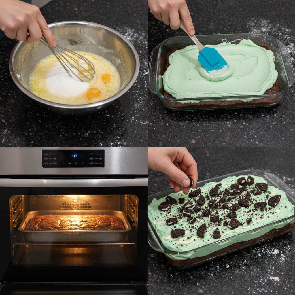 A close-up of the green mint cream being spread over the fudgy brownie base, part of making Triple Layer Fudgy Mint Oreo Brownies.