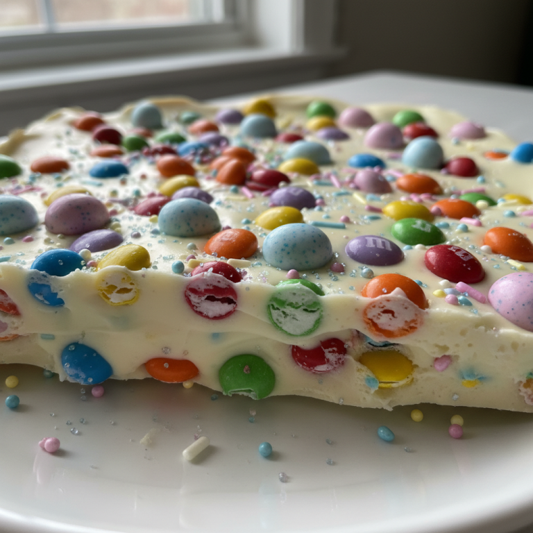 A vibrant close-up of colorful White Chocolate Easter Bark pieces scattered on a festive plate.
