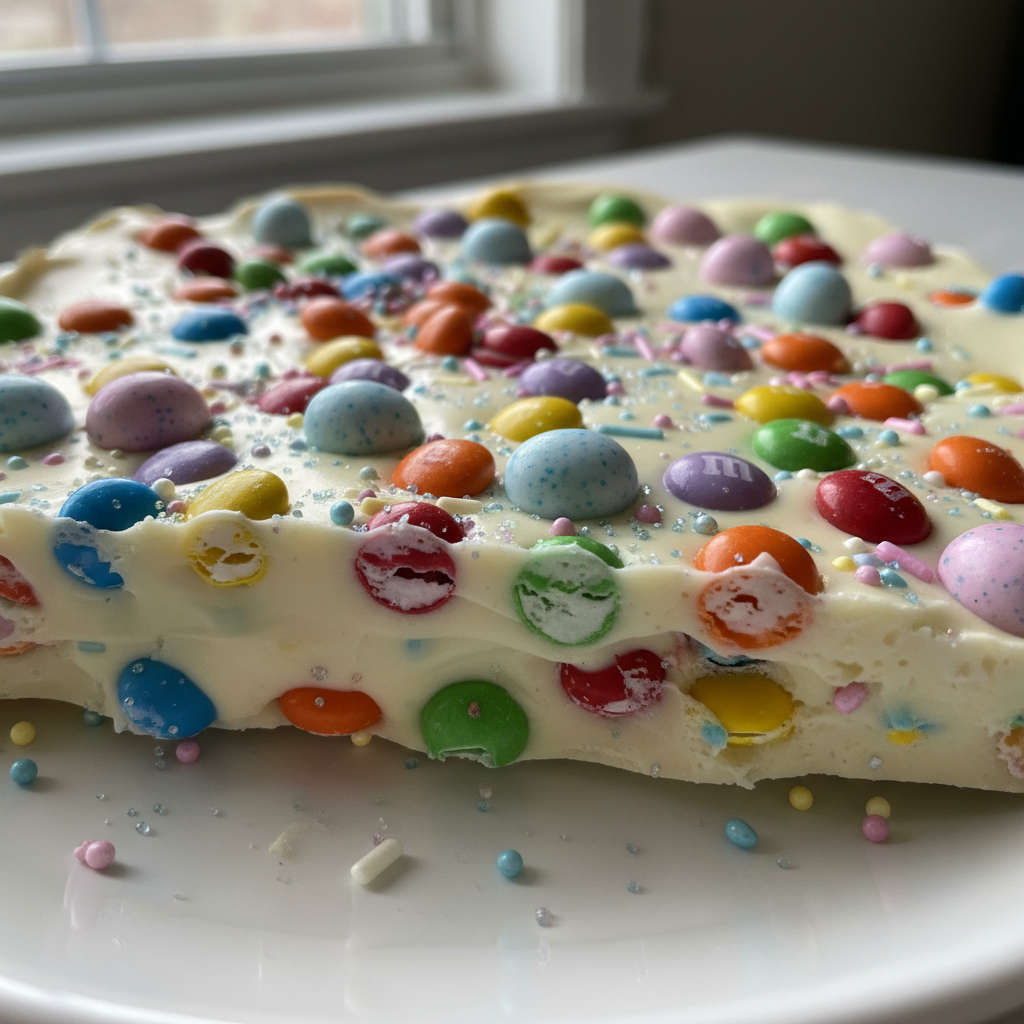 A vibrant close-up of colorful White Chocolate Easter Bark pieces scattered on a festive plate.