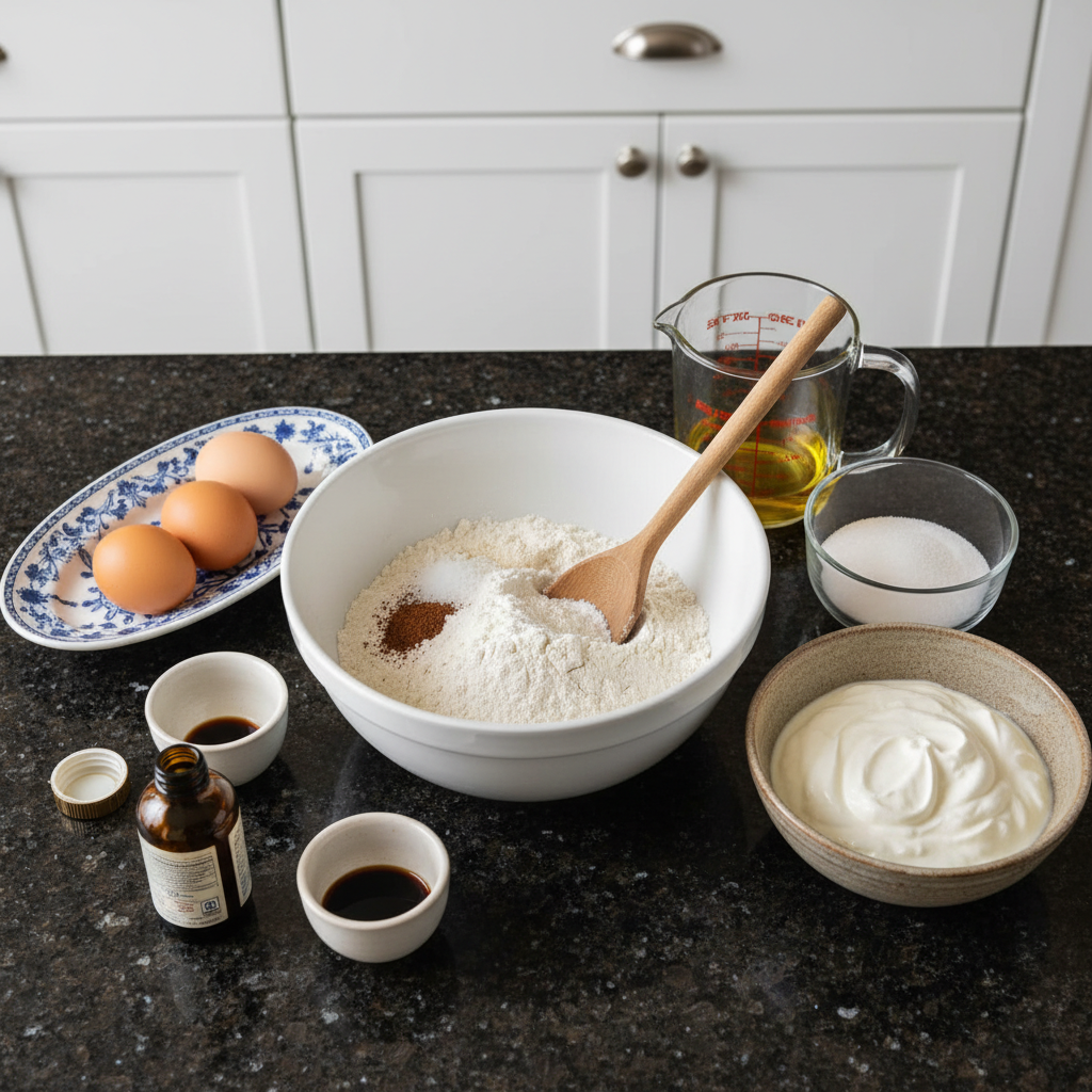 A flat lay of fresh ingredients laid out for making a delicious yogurt cake, including flour, eggs, and yogurt.