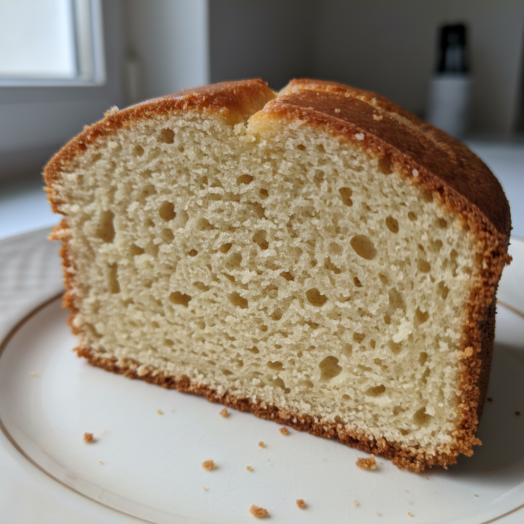 A beautiful slice of fluffy yogurt cake dusted with powdered sugar, ready to enjoy.