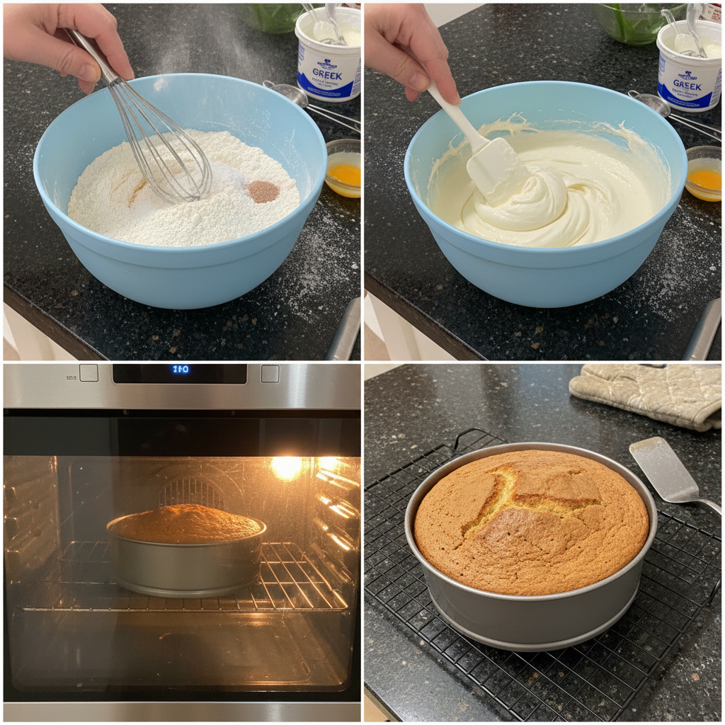 Hands gently folding the airy batter for a yogurt cake in a glass mixing bowl.