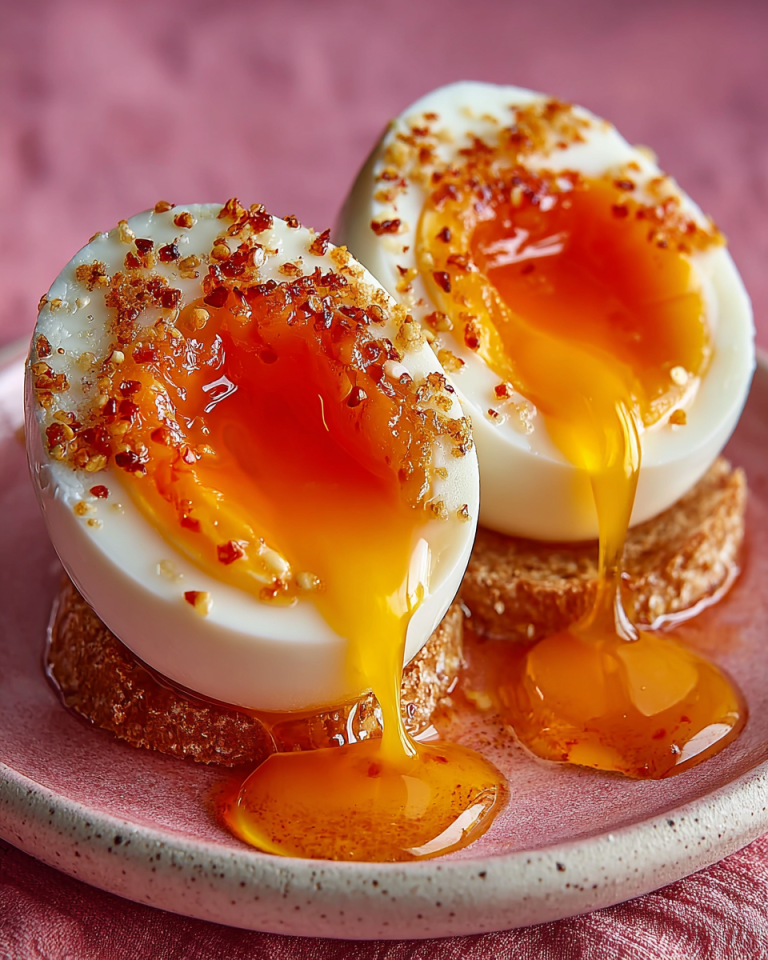 Perfectly cooked 7 minute jammy eggs with vibrant orange yolks, served on a bed of greens.