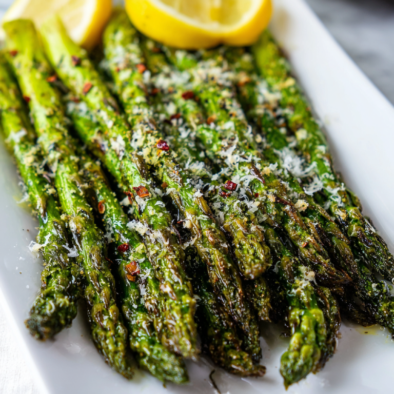 Crispy green air fryer asparagus spears perfectly cooked on a white plate with lemon wedges.