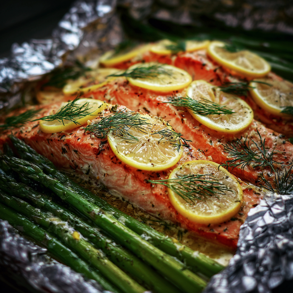 A perfectly cooked and plated serving of baked salmon in foil with asparagus, garnished with lemon.