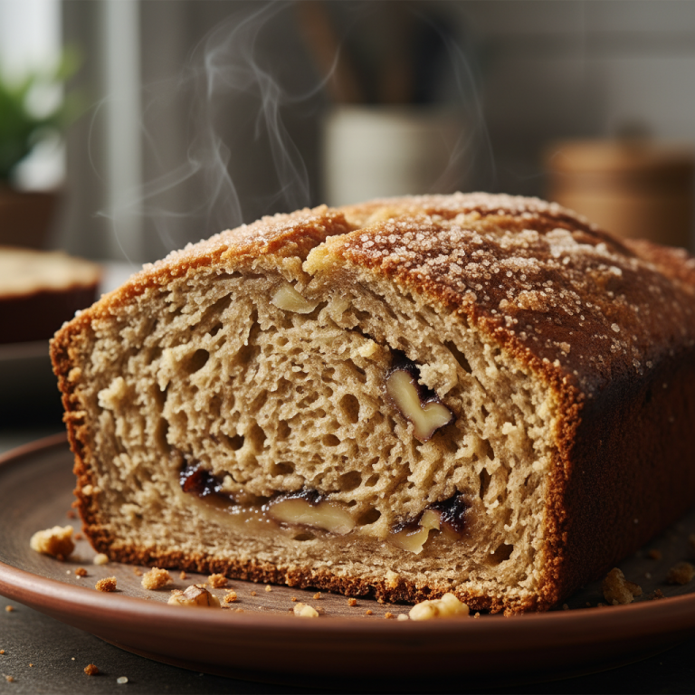 A warm slice of homemade Banana Nut Bread, rich with ripe bananas and crunchy walnuts, on a rustic cutting board.