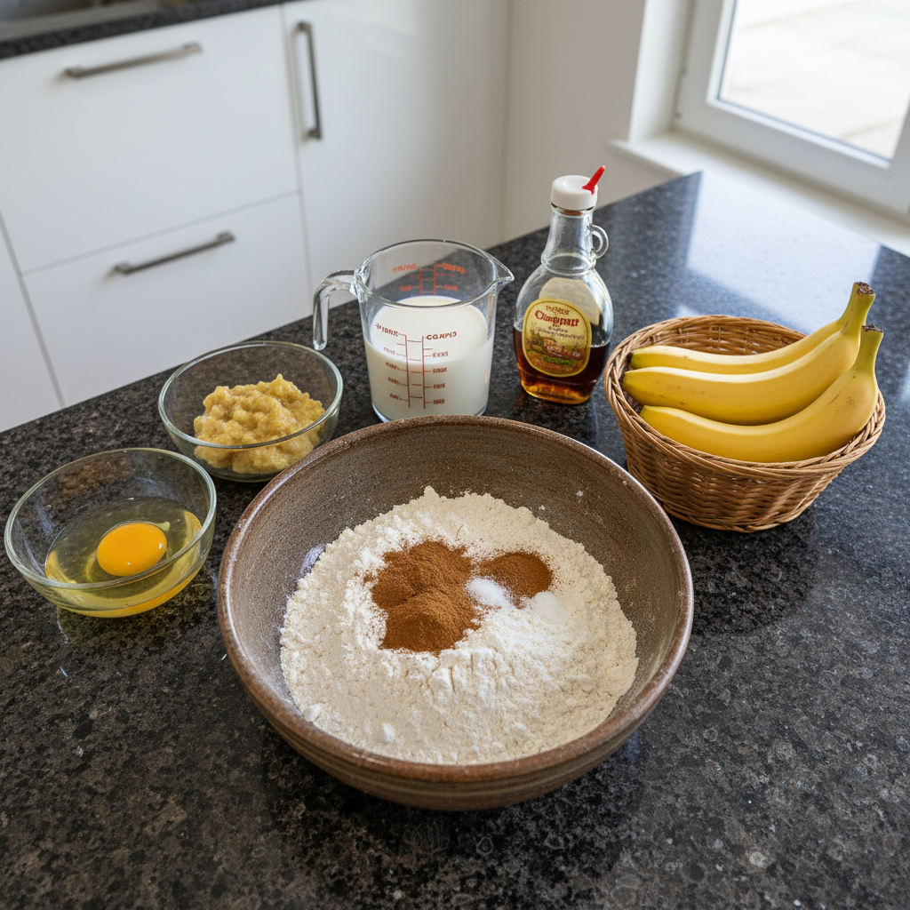 Fresh bananas, flour, eggs, milk, and other ingredients for banana pancakes laid out on a kitchen counter.