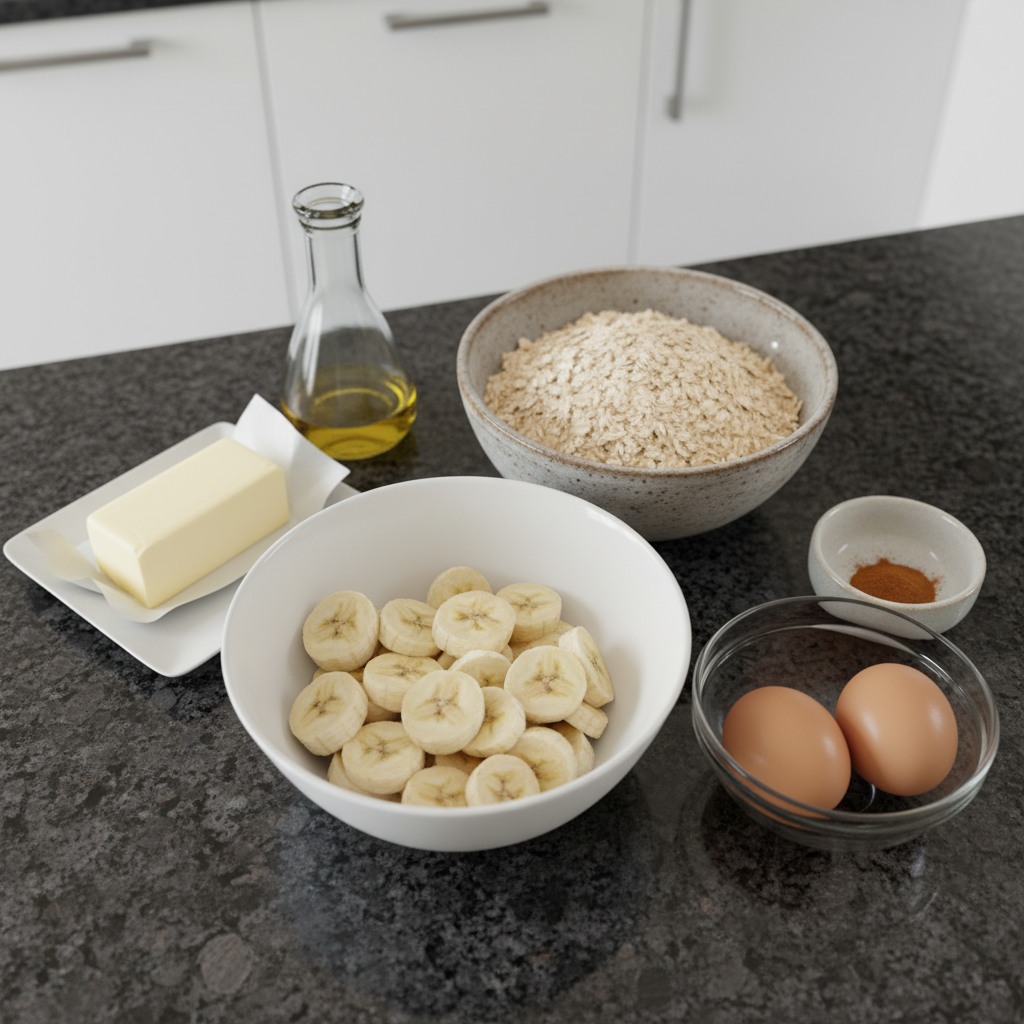 Fresh ingredients for banana pancakes including ripe bananas, flour, eggs, milk, and a whisk on a wooden table.