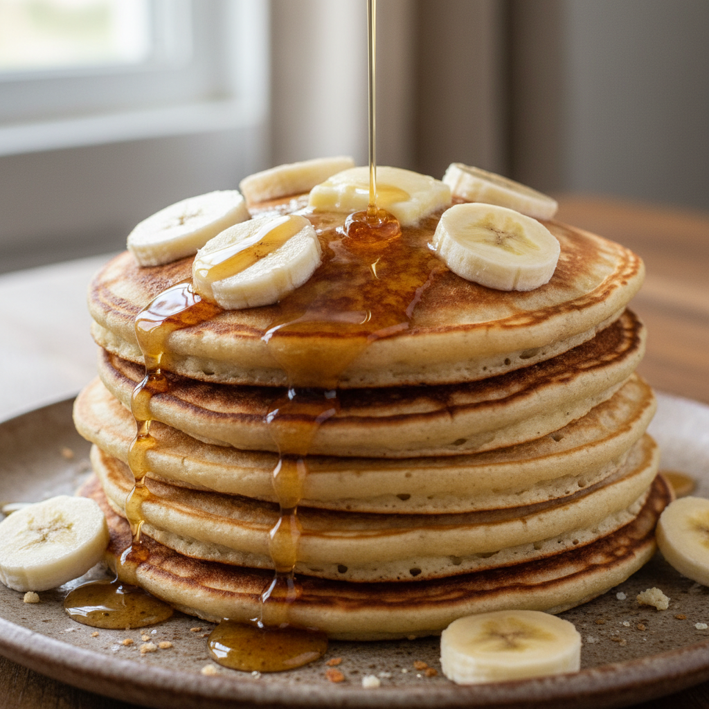 A stack of fluffy banana pancakes drizzled with maple syrup and fresh fruit on a white plate.