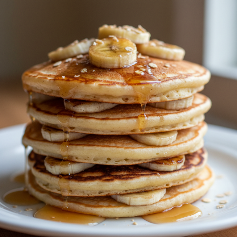 Stack of golden-brown banana pancakes topped with sliced bananas and maple syrup, ready to enjoy for breakfast.