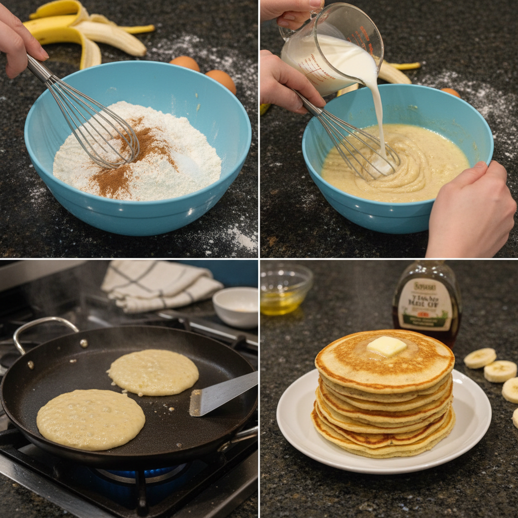 A hand pouring banana pancake batter onto a hot griddle, showing the cooking process in a kitchen.