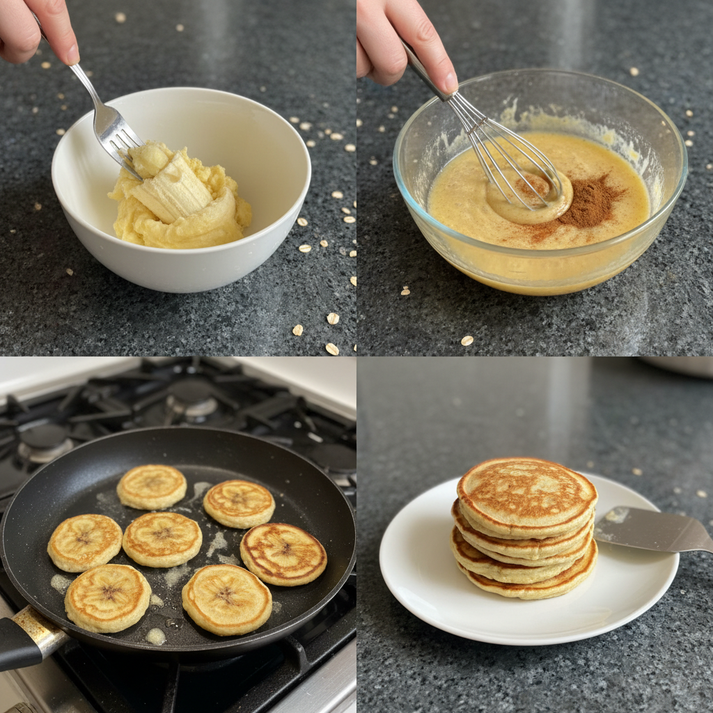 Hands mashing ripe bananas in a bowl with a fork, a crucial step in making delicious banana pancakes.