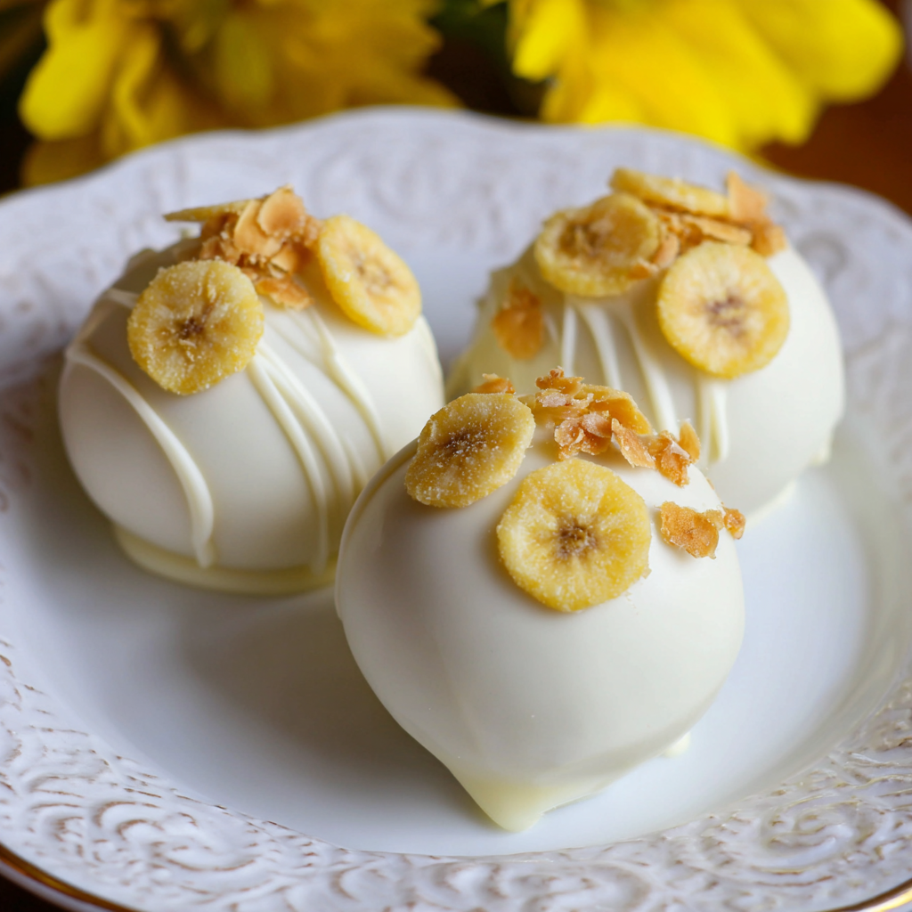 A beautiful spread of banana pudding Easter truffles, some drizzled with white chocolate and festive sprinkles, ready for serving.