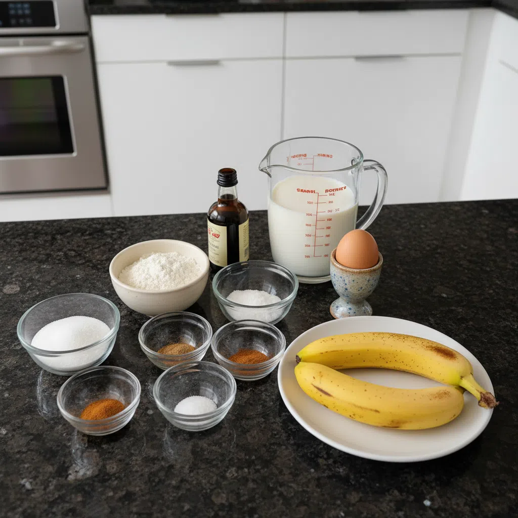 Fresh ripe bananas, flour, eggs, and other essential ingredients for making banana waffles laid out on a wooden table.