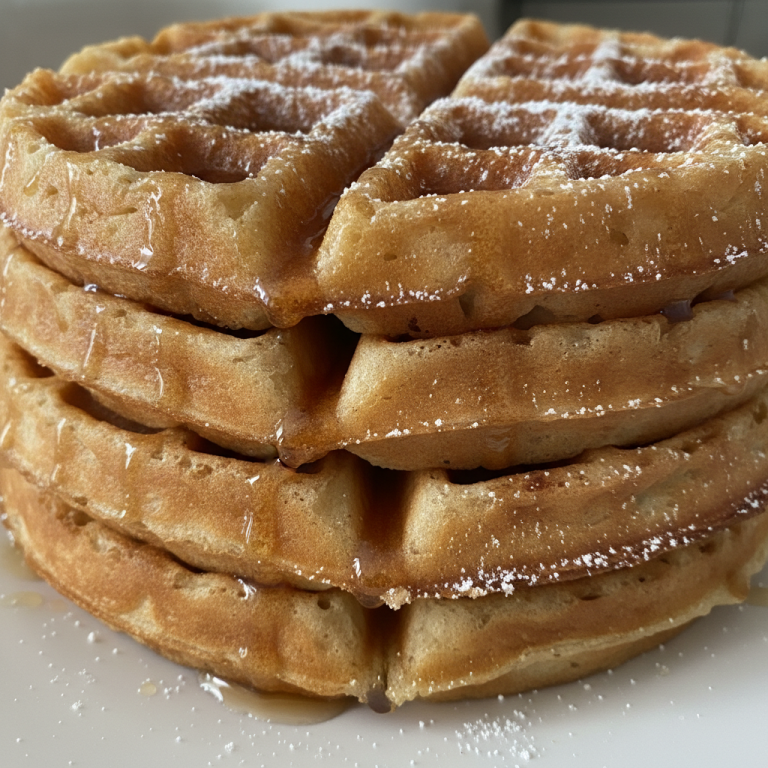 Golden brown banana waffles topped with sliced bananas, powdered sugar, and a drizzle of maple syrup.