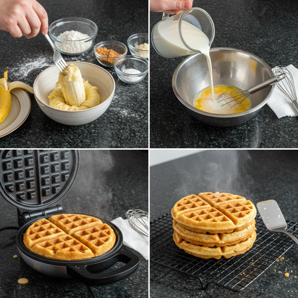 Pouring thick banana waffle batter into a hot, preheated waffle iron, creating a delicious breakfast.