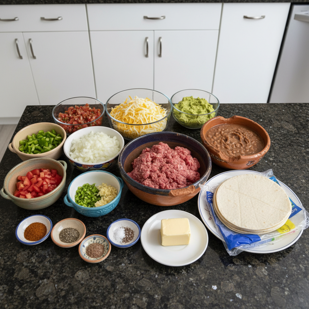 Fresh ingredients for beef quesadillas arranged on a wooden board, including seasoned ground beef, tortillas, cheese, and diced vegetables.