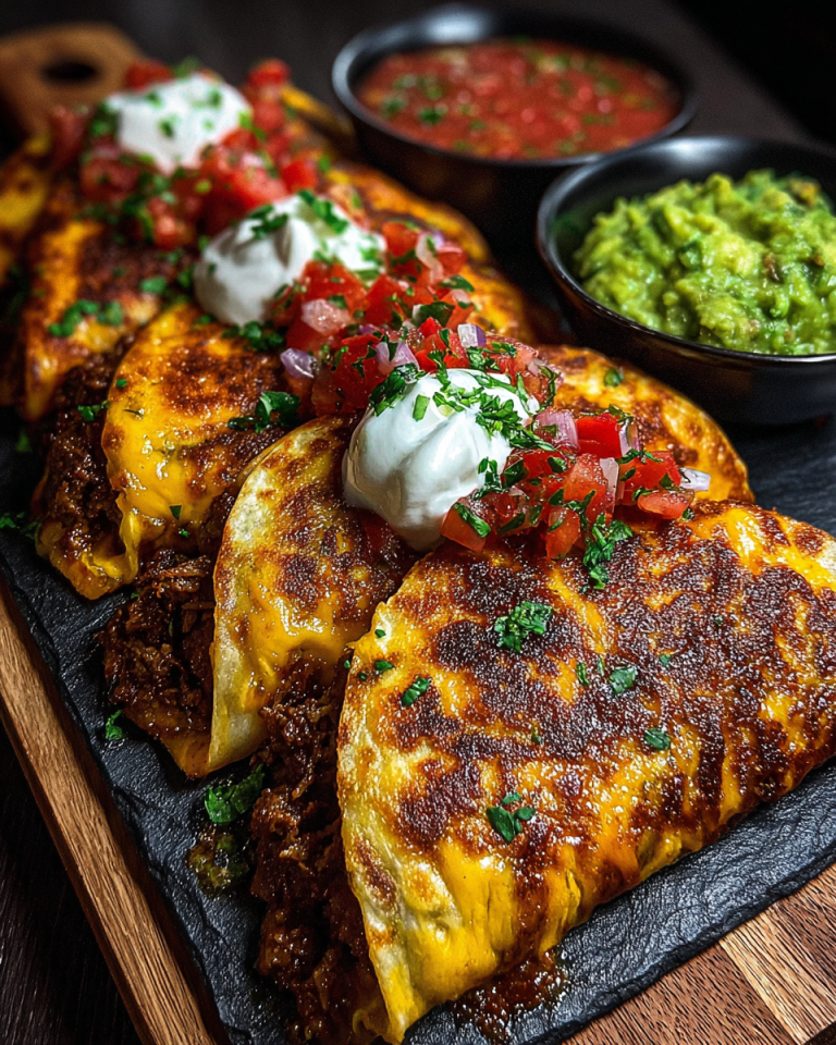 Close-up of golden-brown Beef Quesadillas, sliced and garnished with fresh cilantro and a dollop of sour cream.