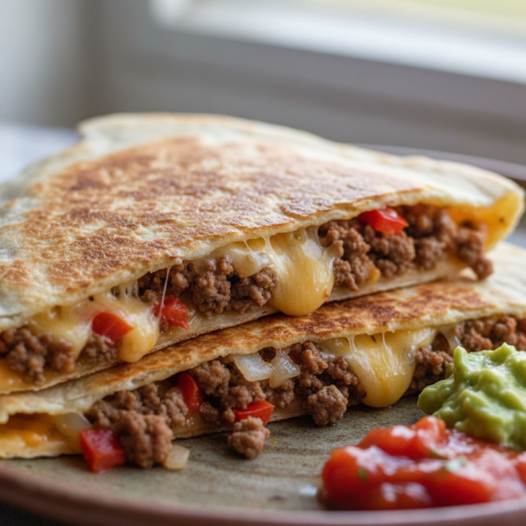A close-up of golden-brown, crispy beef quesadillas cut into triangles, garnished with fresh cilantro and a dollop of sour cream.
