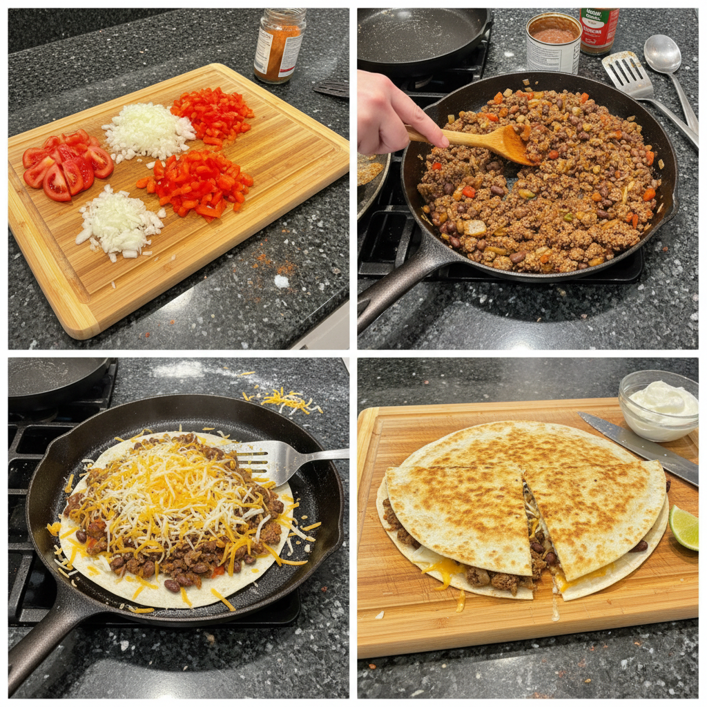 A chef's hands spreading seasoned ground beef and cheese onto a tortilla in preparation for making beef quesadillas.