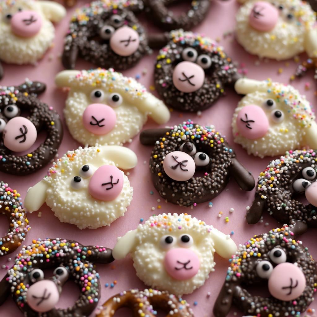 A platter of the best chocolate covered pretzels for Easter, decorated with colorful sprinkles and pastel drizzles.