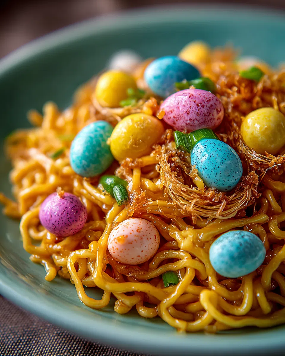 Golden brown bird's nest cookies with colorful candy eggs nestled in their sweet, crunchy centers.