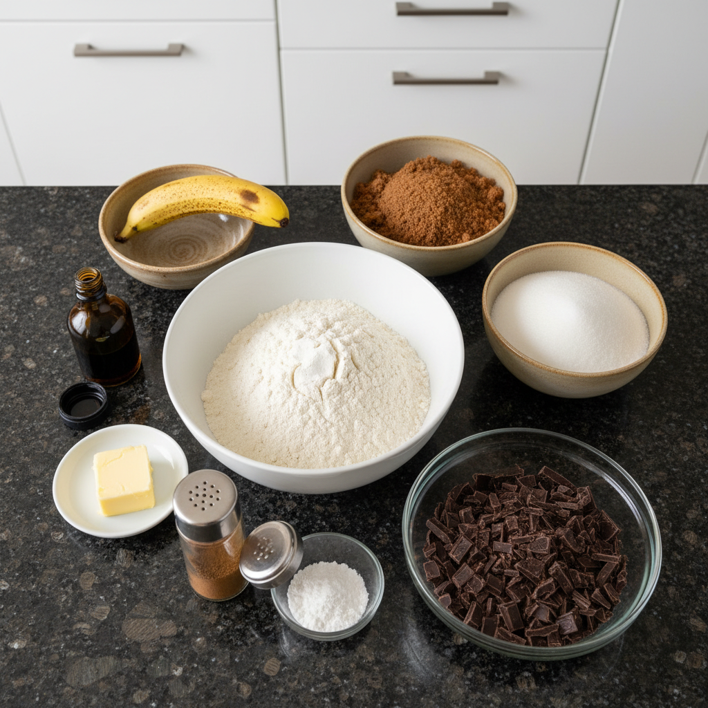 Fresh bananas, browned butter, flour, and sugar laid out as ingredients for brown butter banana cookies.