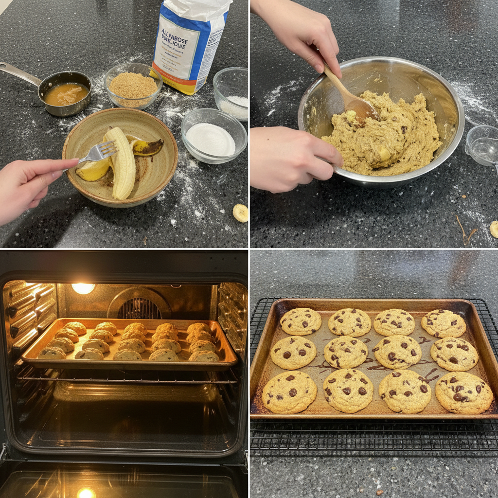 A hand scooping dough onto a baking sheet, preparing brown butter banana cookies for the oven.