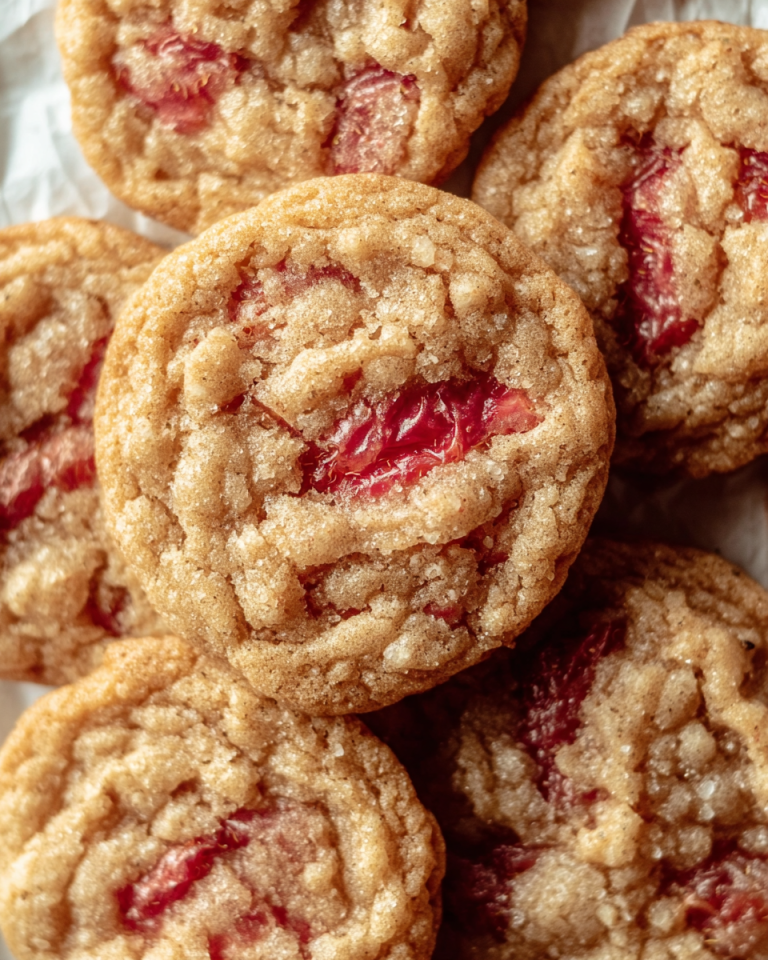 A close-up of several freshly baked Brown Sugar Rhubarb Cookies on a cooling rack, showing their crinkled tops and soft texture.