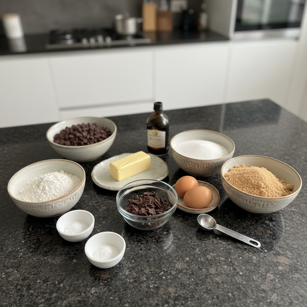 An overhead shot of all fresh ingredients for making brownie cookies, including flour, sugar, eggs, cocoa powder, and chocolate chips.
