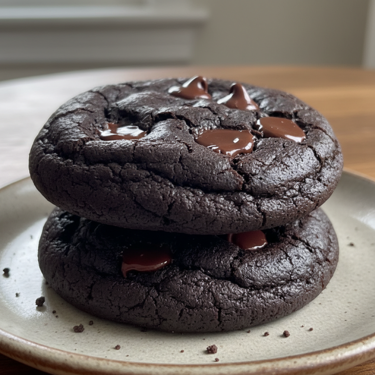 A close-up of a stack of warm, fudgy brownie cookies with a crackled top, dusted lightly with powdered sugar. These brownie cookies are irresistible.