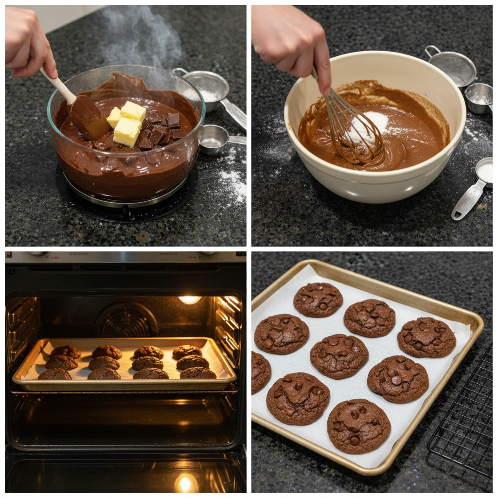 A person's hands scooping dense, rich brownie cookie dough onto a parchment-lined baking sheet, ready for the oven.