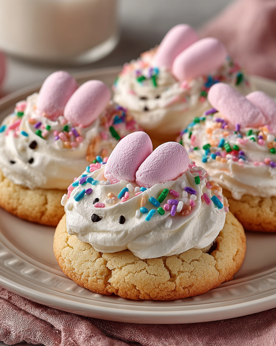 A close-up of beautifully decorated bunny butt cookies, showcasing fluffy white tails and tiny pink feet.