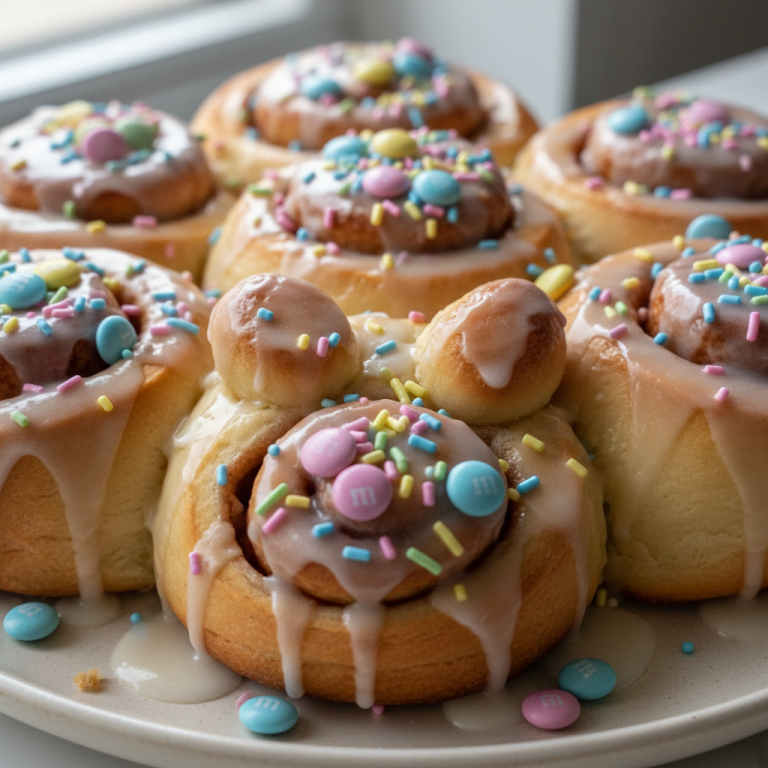 A close-up of a platter of golden-brown Bunny Cinnamon Roll Bites, drizzled with sweet white icing.