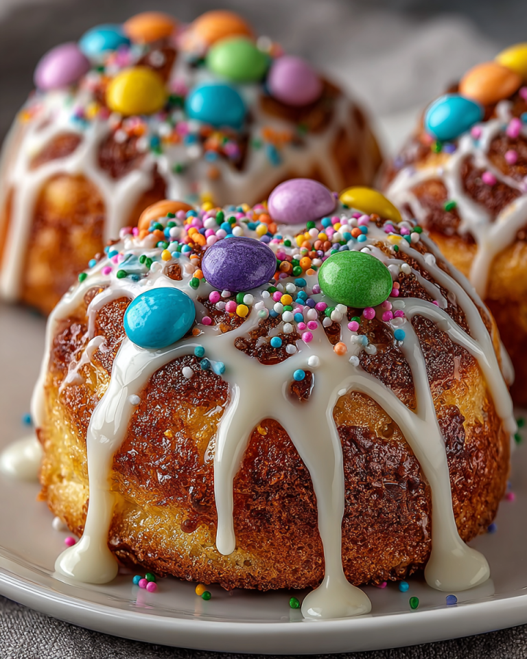 A close-up of fluffy, golden-brown bunny cinnamon roll bites drizzled with sweet icing, ready to serve.