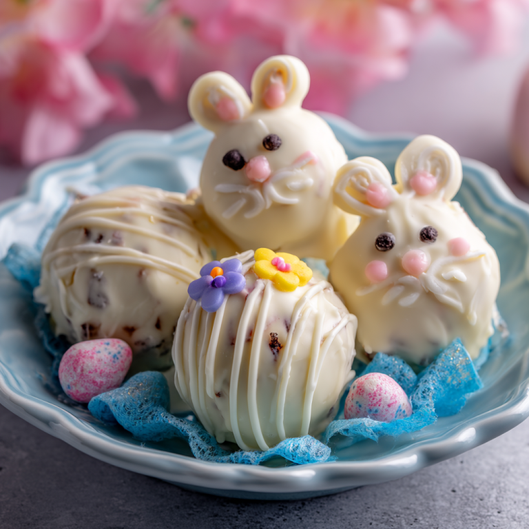 A close-up of festive Bunny Oreo balls decorated with white chocolate, pink edible ears, and sprinkles, ready for Easter.