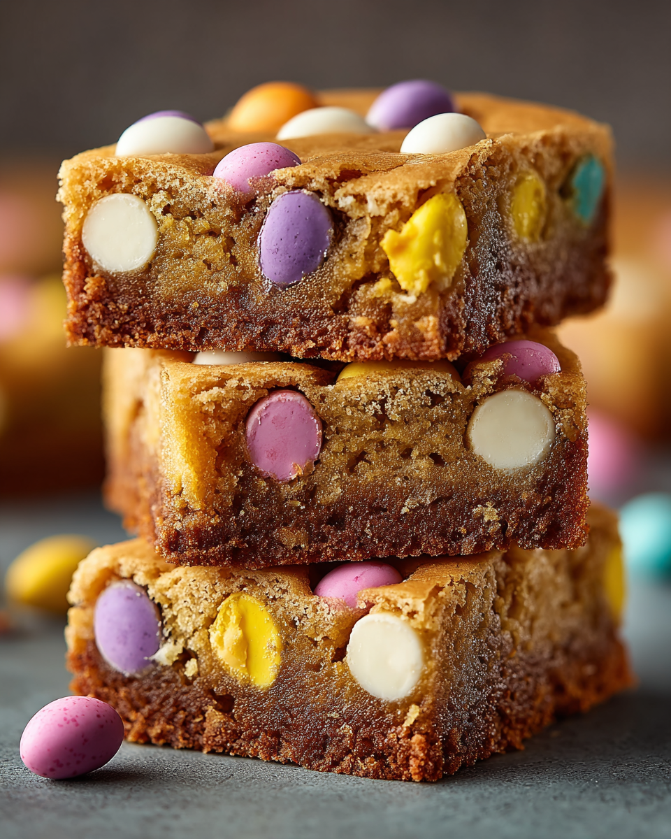 A close-up shot of decadent Cadbury Mini Egg blondies, cut into squares, showing gooey centers and colorful candy bits.