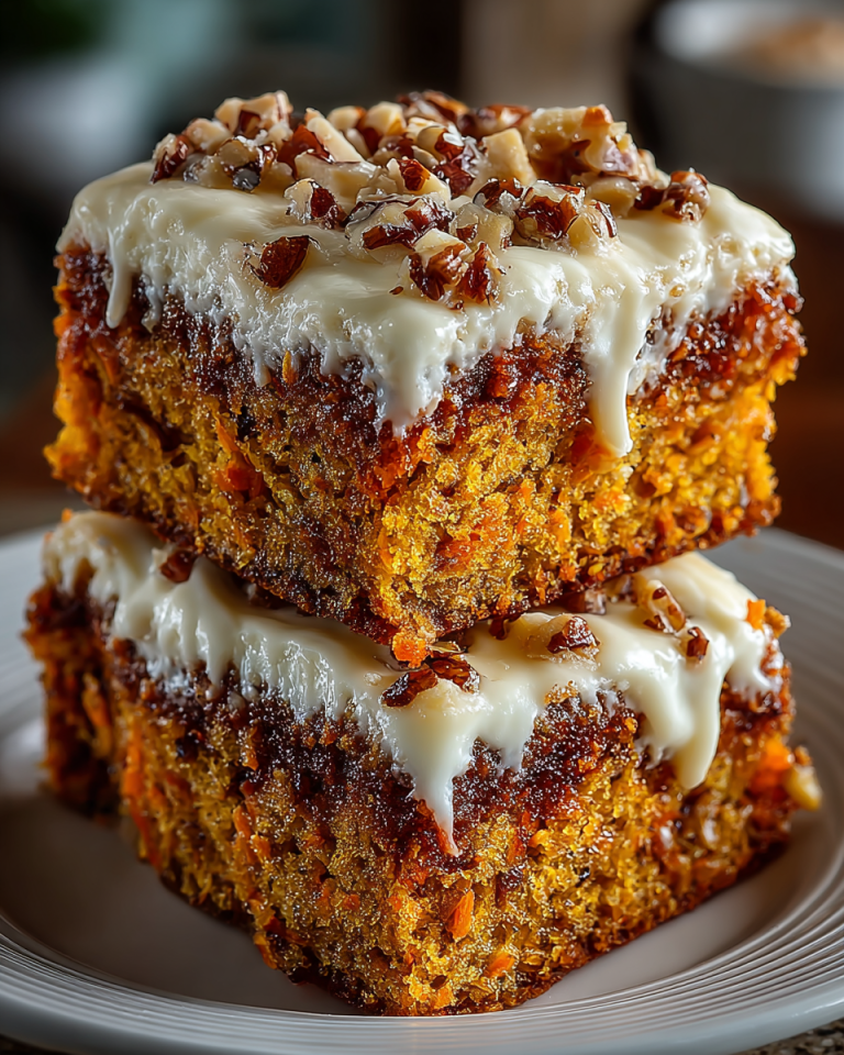 Deliciously moist carrot cake bars with creamy cream cheese frosting, garnished with pecans, ready for serving.