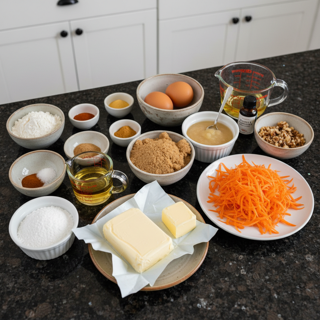 Fresh ingredients for a carrot cake loaf, including grated carrots, flour, sugar, eggs, and spices, arranged on a rustic surface.