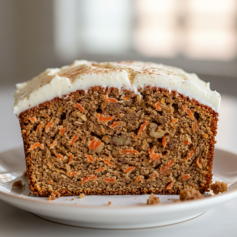 A beautifully baked carrot cake loaf, moist and topped with creamy, sweet cream cheese frosting, ready to be sliced.