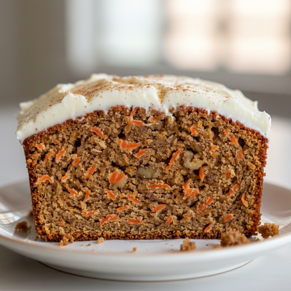 A beautifully baked carrot cake loaf, moist and topped with creamy, sweet cream cheese frosting, ready to be sliced.