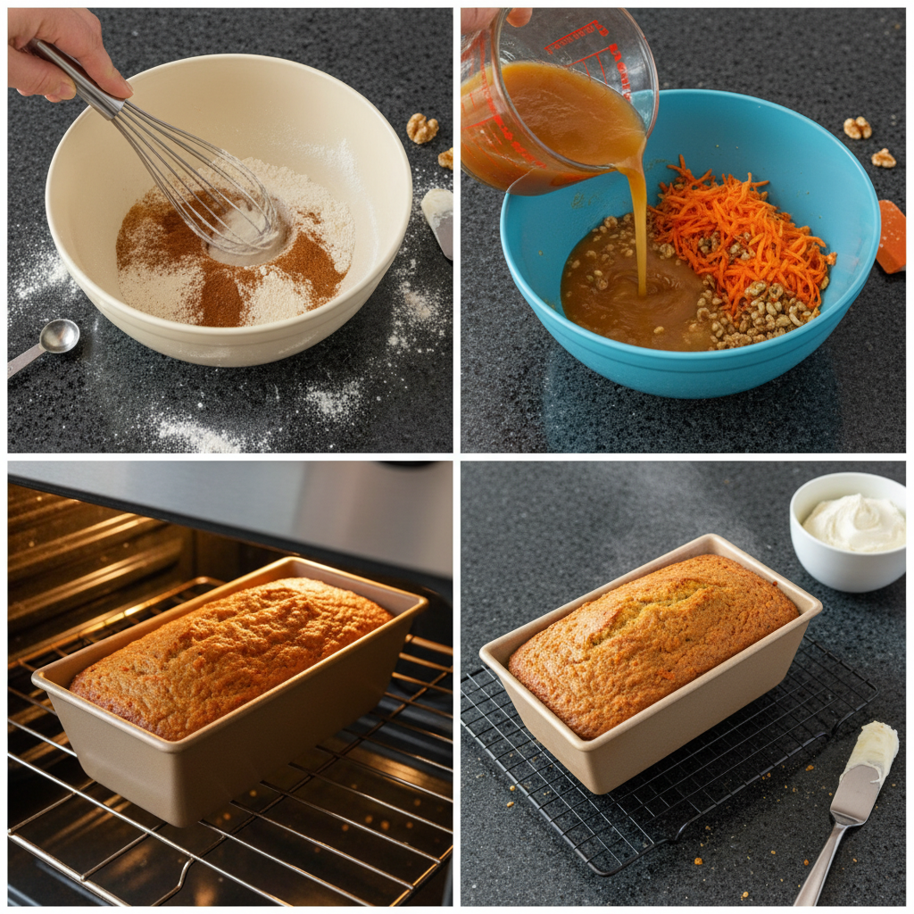 Hands gently folding shredded carrots into a creamy batter for a homemade carrot cake loaf in a large mixing bowl.