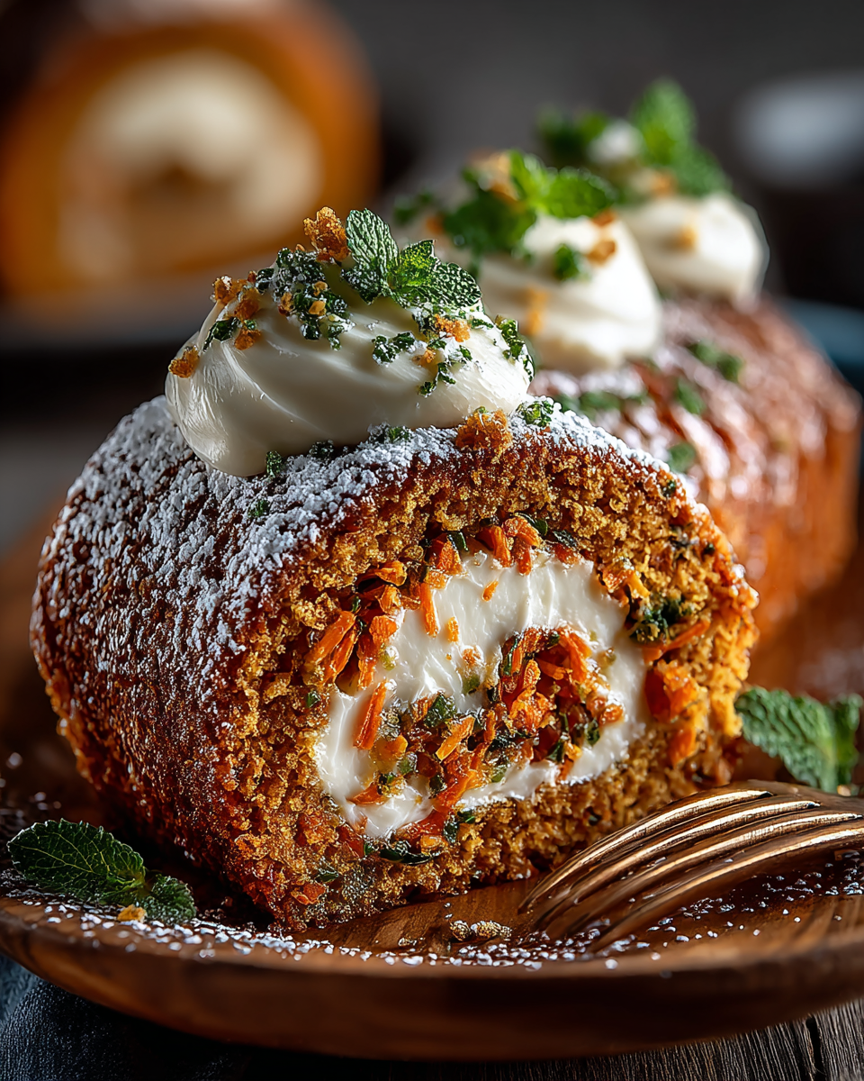 A beautifully sliced carrot cake roll with cream cheese frosting swirled inside, garnished with pecans and powdered sugar.
