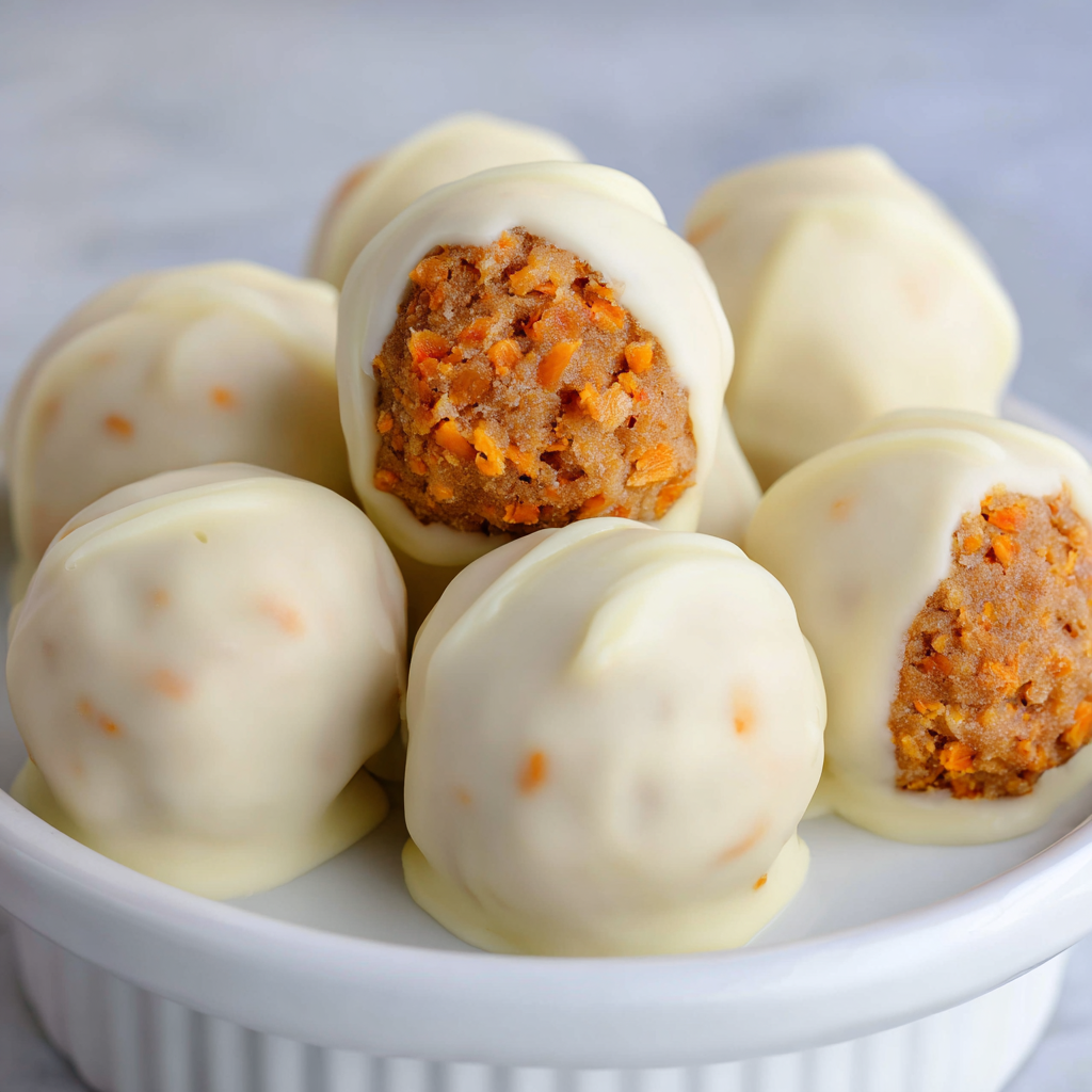 A close-up of beautifully decorated carrot cake truffles, artfully arranged on a plate and dusted with cinnamon.