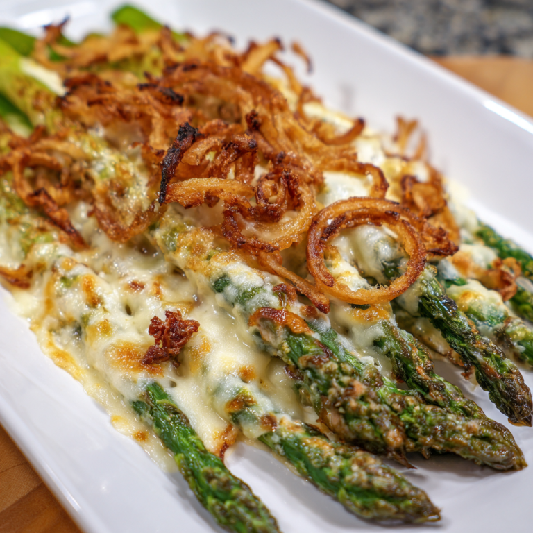 A close-up of golden brown cheesy baked asparagus spears in a white serving dish, ready to eat.