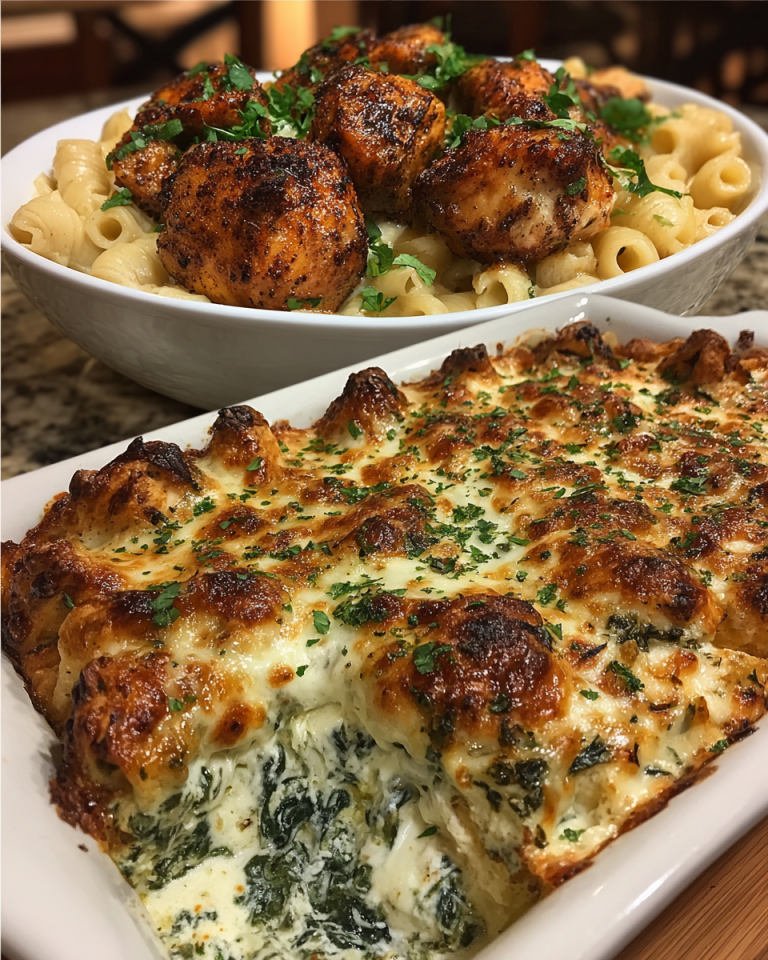 A golden-brown chicken and spinach casserole with cream cheese, freshly baked in a ceramic dish, ready to serve.