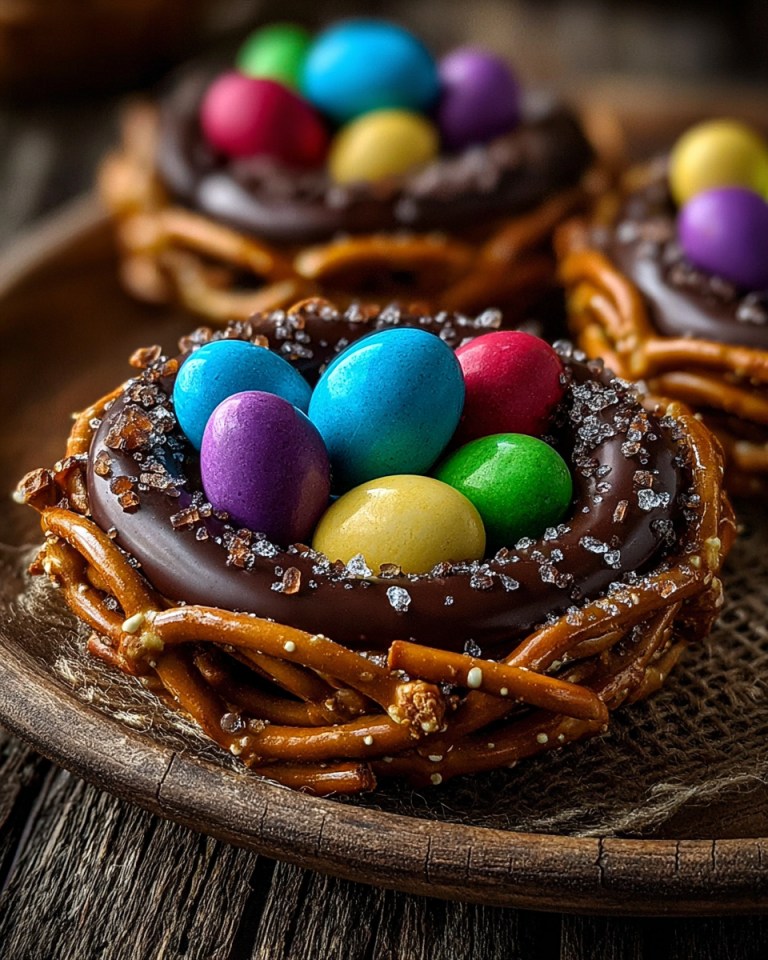 Close-up of delicate chocolate covered pretzel nests, perfectly arranged and ready to serve for a sweet treat.
