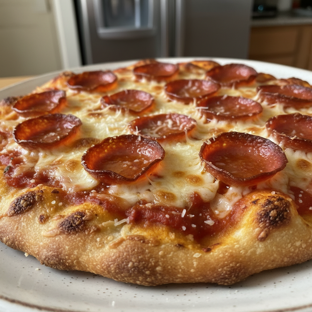 A delicious golden-brown pizza on a Cottage Cheese Pizza Crust, topped with vibrant sauce and melted cheese.