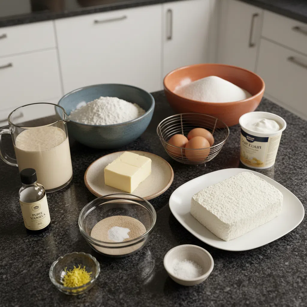Fresh ingredients for making cottage cheese stuffed rolls, including flour, yeast, cottage cheese, and herbs, laid out on a kitchen counter.